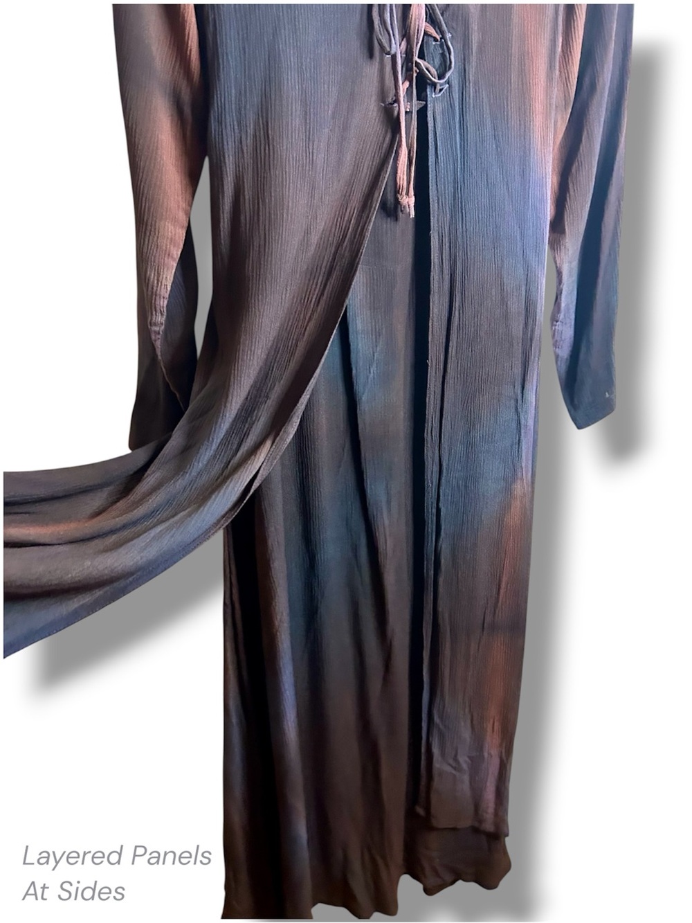 Vintage 90s Purple Ombre Layered Maxi Dress Tie Front & Back Long Sleeve Magic M - Picture 7 of 14